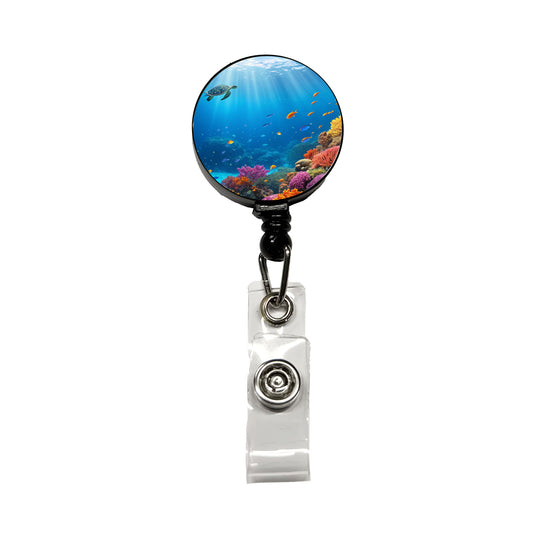 Underwater Scene Tropical Turtle Fish Coral Ocean Retractable ID Key Card Name Tag Badge Holder with Clip