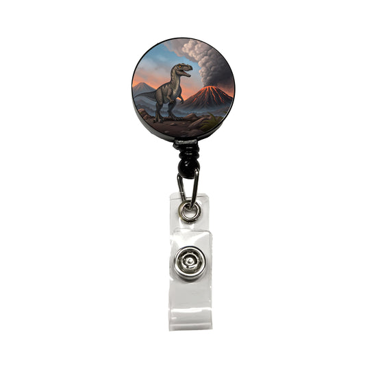 Velociraptor Volcano Dinosaur Retractable ID Key Card Name Tag Badge Holder with Clip