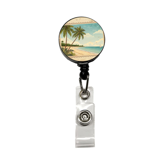 Vintage Beach Postcard Tropical Retractable ID Key Card Name Tag Badge Holder with Clip