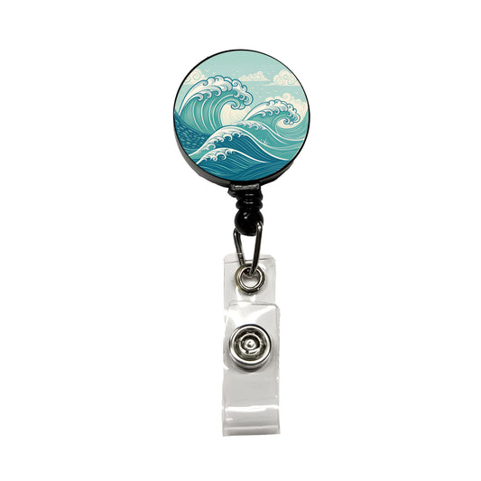 Vintage Ocean Waves Drawing Retractable ID Key Card Name Tag Badge Holder with Clip