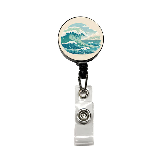 Vintage Ocean Waves Retractable ID Key Card Name Tag Badge Holder with Clip