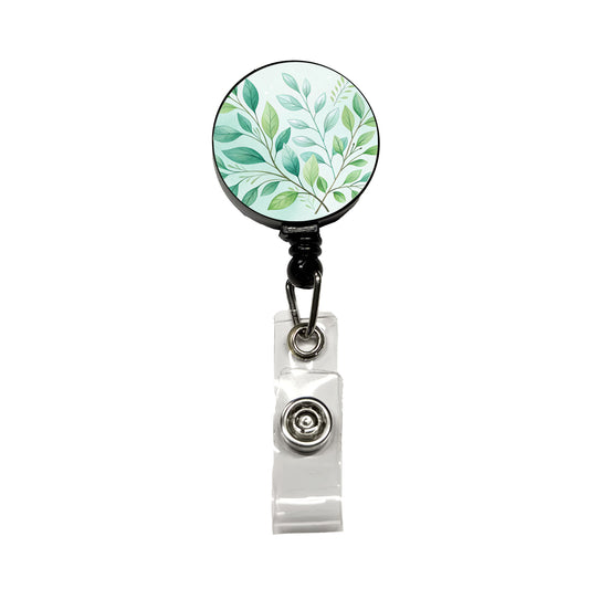 Watercolor Green Leaves And Branches Minimalist Retractable ID Key Card Name Tag Badge Holder with Clip