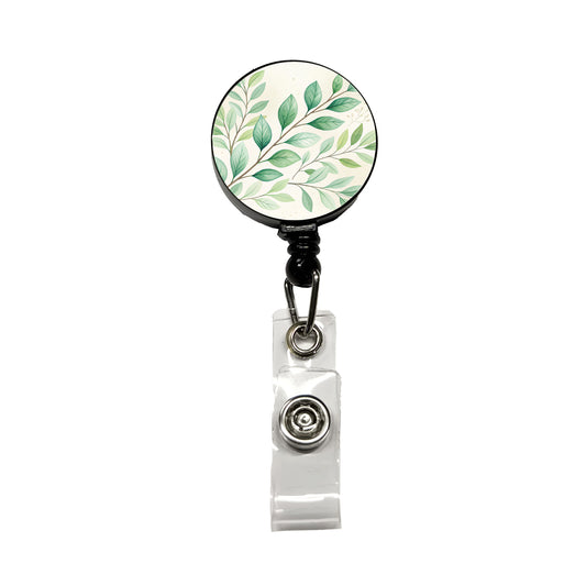 Watercolor Green Leaves And Branches Retractable ID Key Card Name Tag Badge Holder with Clip