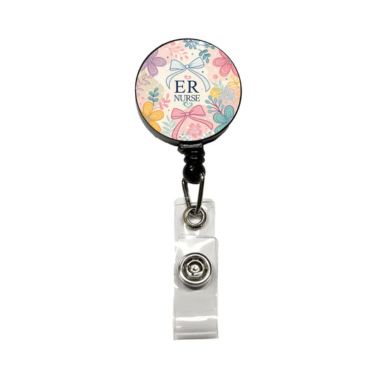 ER Emergency Room Nurse Appreciation Coquette Bows Flowers Retractable ID Key Card Name Tag Badge Holder with Clip