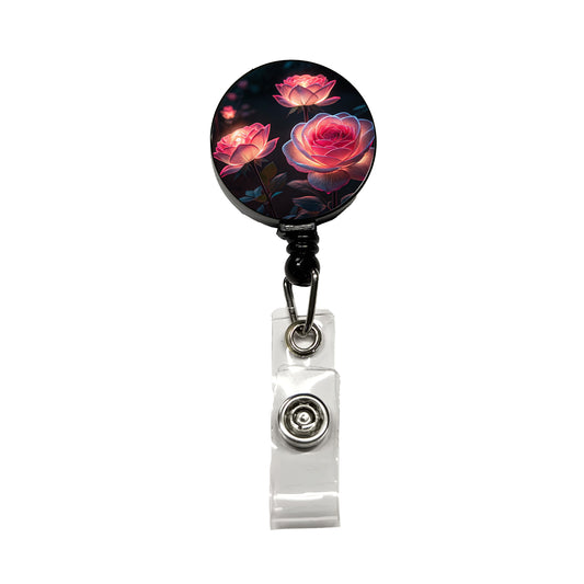 Glowing Pink Roses Beautiful Flowers Retractable ID Key Card Name Tag Badge Holder with Clip
