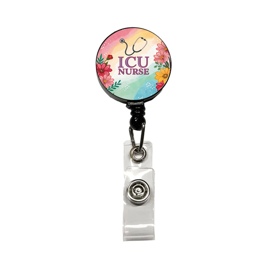 ICU Nurse Appreciation Stethoscope Flowers Floral Retractable ID Key Card Name Tag Badge Holder with Clip