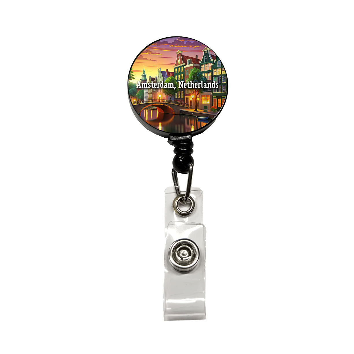 Amsterdam, Netherlands Travel City Country Stamp Retractable ID Key Card Name Tag Badge Holder with Clip