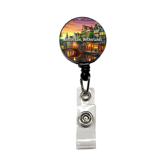 Amsterdam, Netherlands Travel City Country Stamp Retractable ID Key Card Name Tag Badge Holder with Clip