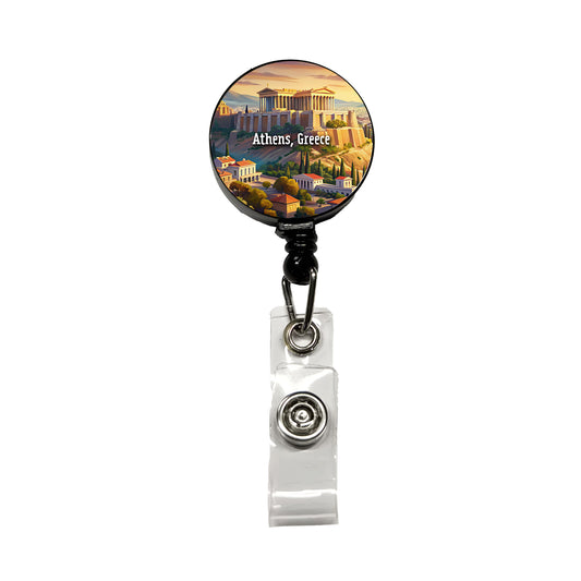 Athens, Greece Travel City Country Stamp Retractable ID Key Card Name Tag Badge Holder with Clip