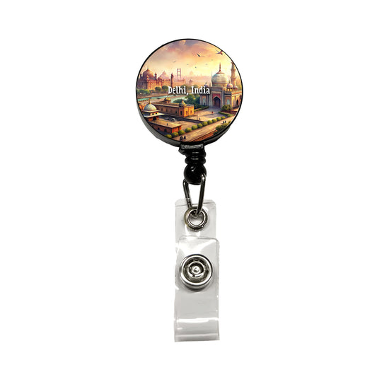 Delhi, India Travel City Country Stamp Retractable ID Key Card Name Tag Badge Holder with Clip