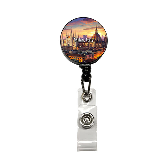 Milan, Italy Travel City Country Stamp Retractable ID Key Card Name Tag Badge Holder with Clip