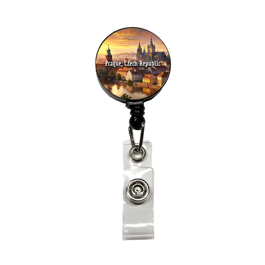 Prague, Czech Republic Travel City Country Stamp Retractable ID Key Card Name Tag Badge Holder with Clip
