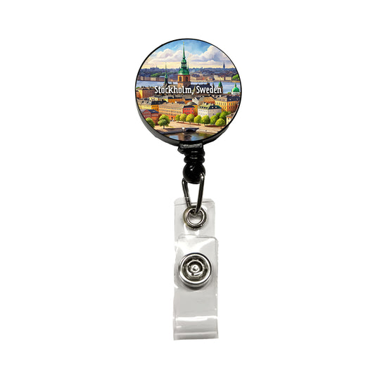 Stockholm, Sweden Travel City Country Stamp Retractable ID Key Card Name Tag Badge Holder with Clip