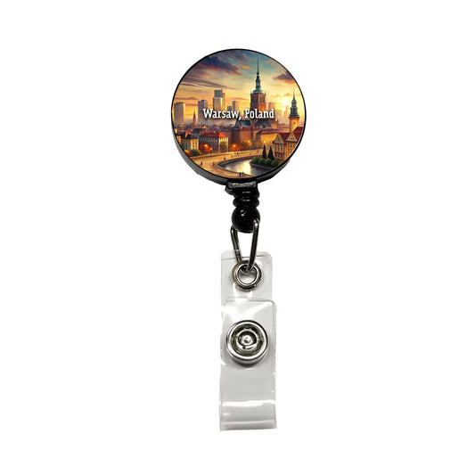 Warsaw, Poland Travel City Country Stamp Retractable ID Key Card Name Tag Badge Holder with Clip