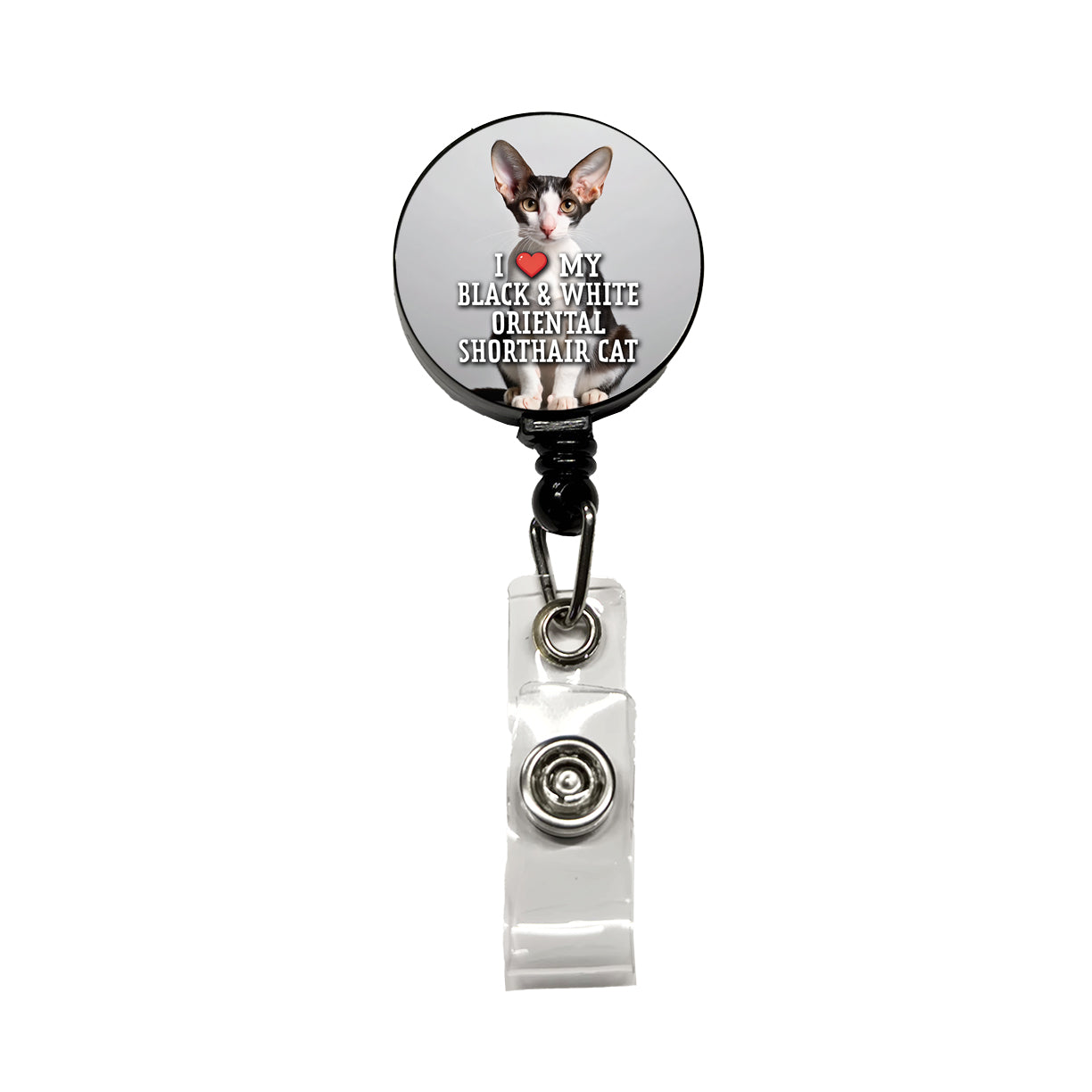 I Love My Black & White Oriental Shorthair Cat Heart Retractable ID Key Card Name Tag Badge Holder with Clip