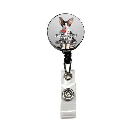 I Love My Black & White Oriental Shorthair Cat Heart Retractable ID Key Card Name Tag Badge Holder with Clip