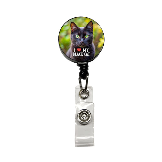 I Love My Black Cat Heart Retractable ID Key Card Name Tag Badge Holder with Clip