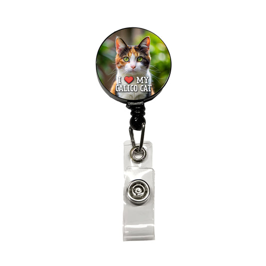 I Love My Calico Cat Heart Retractable ID Key Card Name Tag Badge Holder with Clip