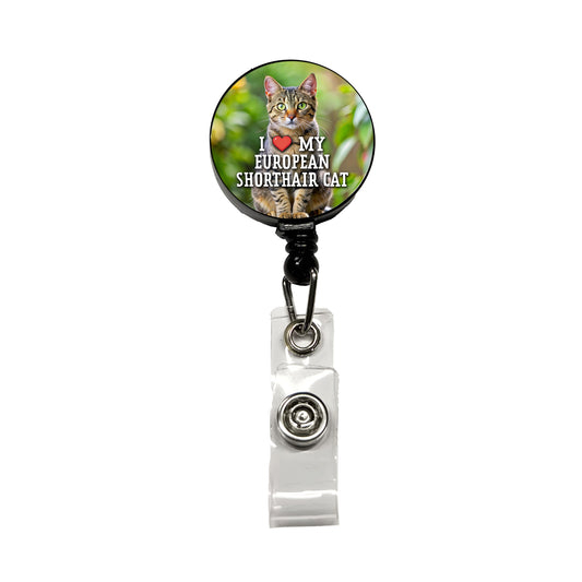I Love My European Shorthair Cat Heart Retractable ID Key Card Name Tag Badge Holder with Clip