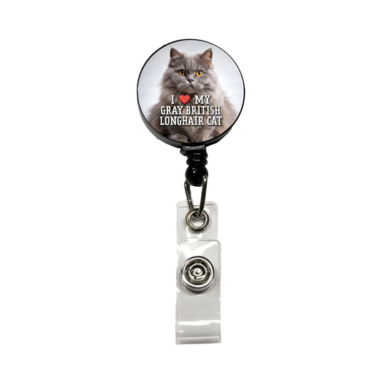I Love My Gray British Longhair Cat Heart Retractable ID Key Card Name Tag Badge Holder with Clip