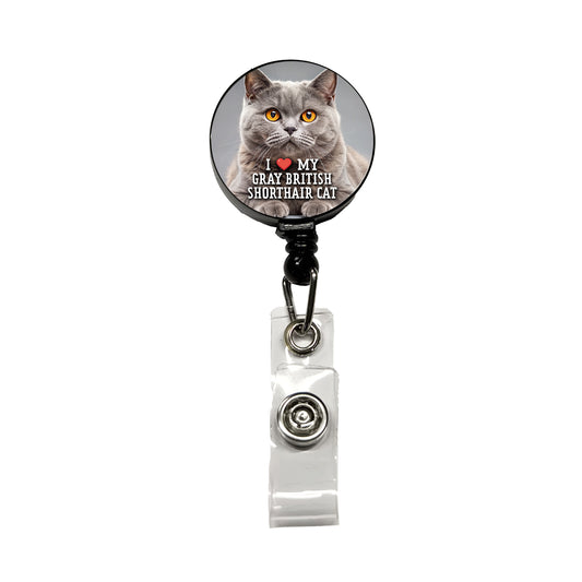 I Love My Gray British Shorthair Cat Heart Retractable ID Key Card Name Tag Badge Holder with Clip