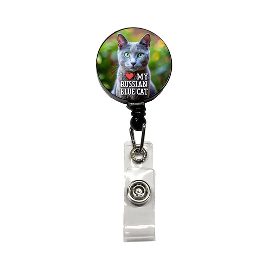 I Love My Russian Blue Cat Heart Retractable ID Key Card Name Tag Badge Holder with Clip