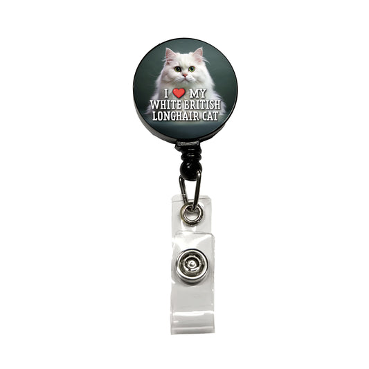 I Love My White British Longhair Cat Heart Retractable ID Key Card Name Tag Badge Holder with Clip