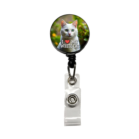 I Love My White Cat Heart Retractable ID Key Card Name Tag Badge Holder with Clip