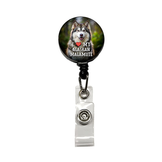 I Love My Alaskan Malamute Dog Heart Retractable ID Key Card Name Tag Badge Holder with Clip