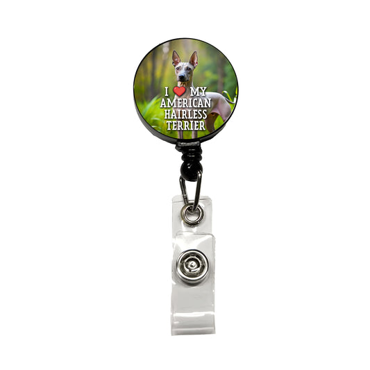 I Love My American Hairless Terrier Dog Heart Retractable ID Key Card Name Tag Badge Holder with Clip