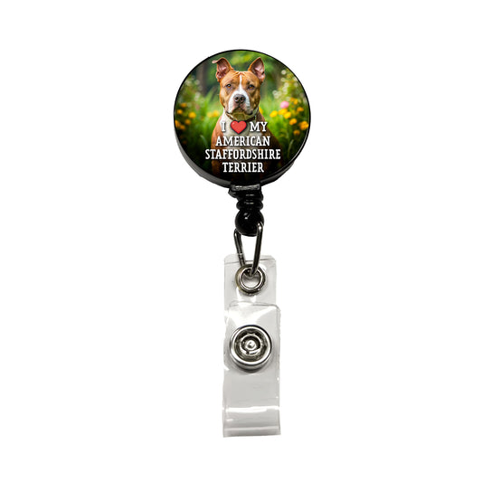 I Love My American Staffordshire Terrier Dog Heart Retractable ID Key Card Name Tag Badge Holder with Clip