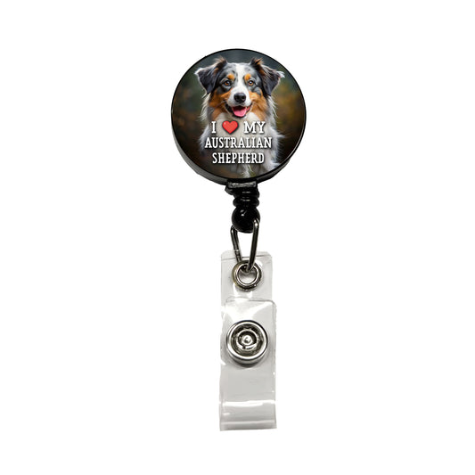 I Love My Australian Shepherd Dog Heart Retractable ID Key Card Name Tag Badge Holder with Clip