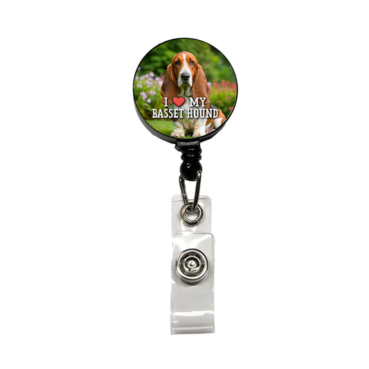 I Love My Basset Hound Dog Heart Retractable ID Key Card Name Tag Badge Holder with Clip