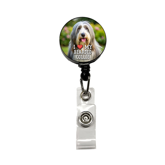 I Love My Bearded Collie Dog Heart Retractable ID Key Card Name Tag Badge Holder with Clip