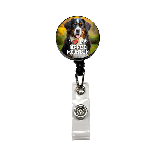 I Love My Bernese Mountain Dog Heart Retractable ID Key Card Name Tag Badge Holder with Clip