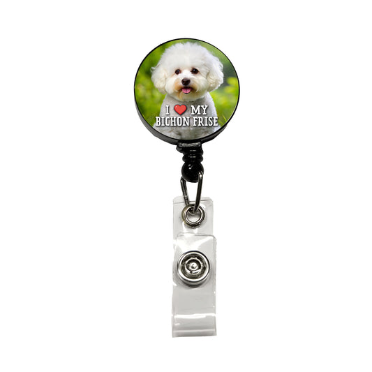 I Love My Bichon Frise Dog Heart Retractable ID Key Card Name Tag Badge Holder with Clip