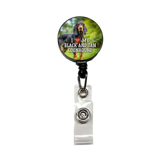 I Love My Black And Tan Coonhound Dog Heart Retractable ID Key Card Name Tag Badge Holder with Clip