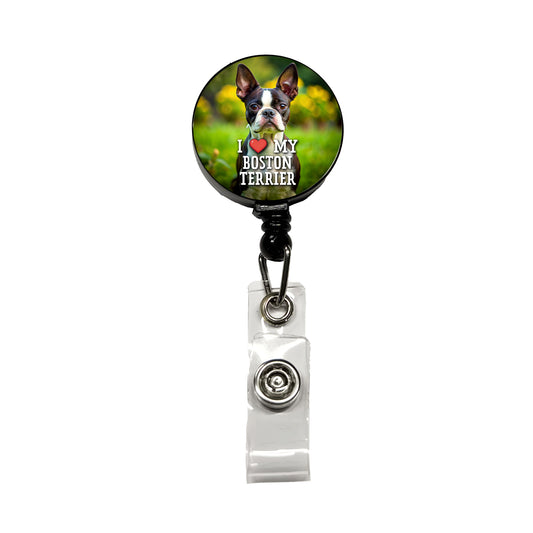 I Love My Boston Terrier Dog Heart Retractable ID Key Card Name Tag Badge Holder with Clip