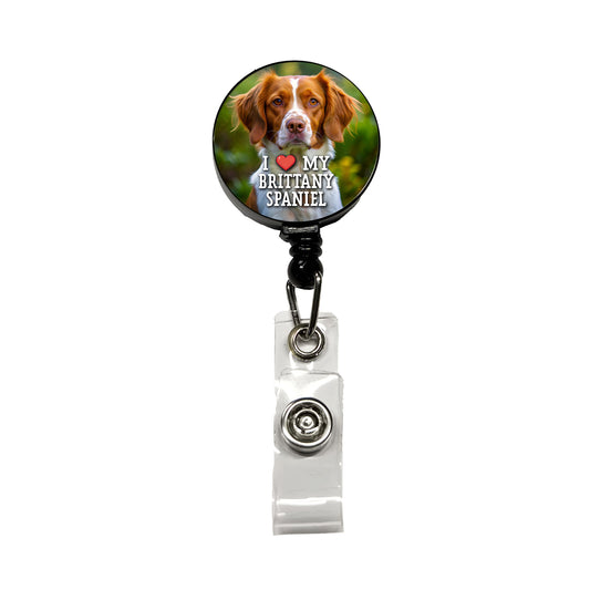 I Love My Brittany Spaniel Dog Heart Retractable ID Key Card Name Tag Badge Holder with Clip