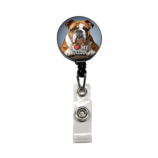 I Love My Bulldog Dog Heart Retractable ID Key Card Name Tag Badge Holder with Clip