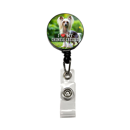 I Love My Chinese Crested Dog Heart Retractable ID Key Card Name Tag Badge Holder with Clip