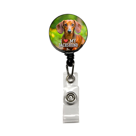 I Love My Dachshund Dog Heart Retractable ID Key Card Name Tag Badge Holder with Clip