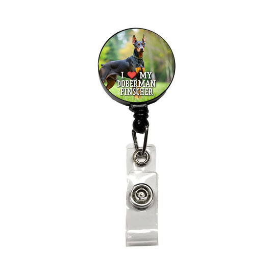I Love My Doberman Pinscher Dog Heart Retractable ID Key Card Name Tag Badge Holder with Clip