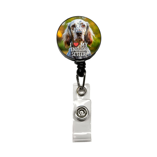 I Love My English Setter Dog Heart Retractable ID Key Card Name Tag Badge Holder with Clip