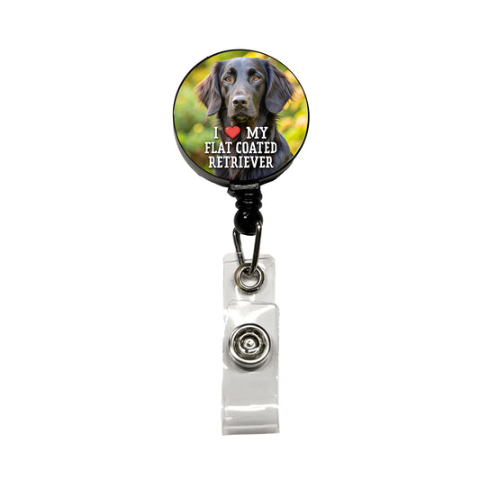 I Love My Flat Coated Retriever Dog Heart Retractable ID Key Card Name Tag Badge Holder with Clip