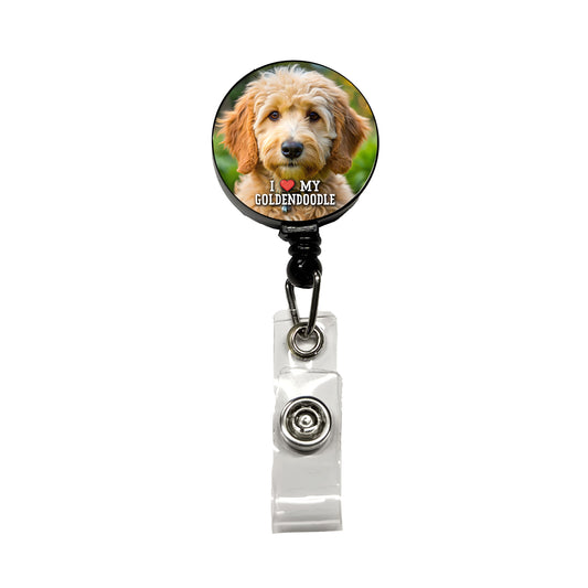 I Love My Goldendoodle Dog Heart Retractable ID Key Card Name Tag Badge Holder with Clip