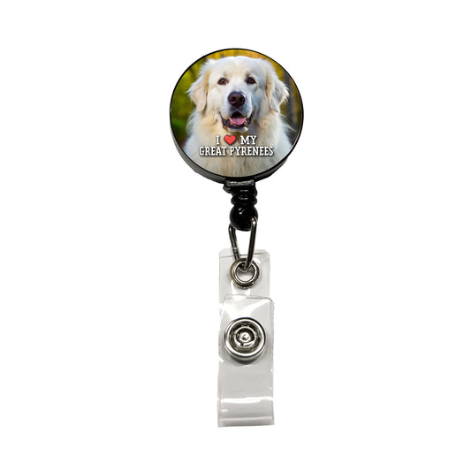 I Love My Great Pyrenees Dog Heart Retractable ID Key Card Name Tag Badge Holder with Clip