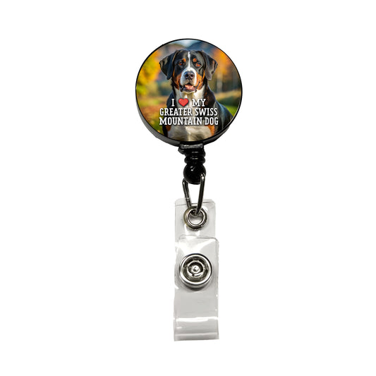 I Love My Greater Swiss Mountain Dog Heart Retractable ID Key Card Name Tag Badge Holder with Clip