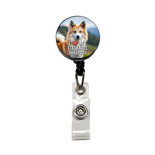 I Love My Icelandic Sheepdog Dog Heart Retractable ID Key Card Name Tag Badge Holder with Clip