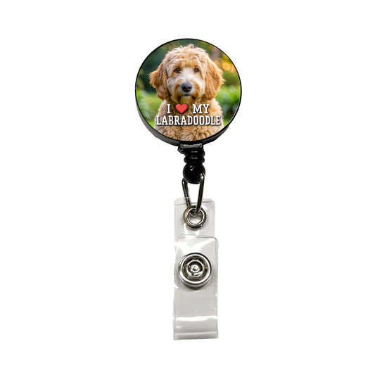 I Love My Labradoodle Dog Heart Retractable ID Key Card Name Tag Badge Holder with Clip